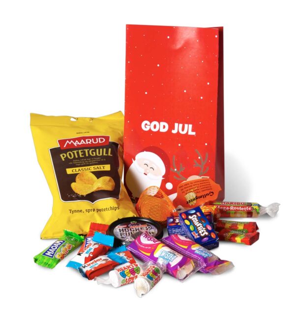 Juletrefestpose med sjokolade, snacks og godteri